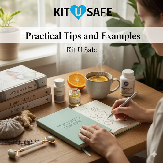 Woman at a desk with a 'Wellness Tracker,' charting her cycle. Natural health items like books, supplements, ginger, and tea surround her. The blog title 'How to Regulate Your Period | Kit U Safe' and logo are overlaid.