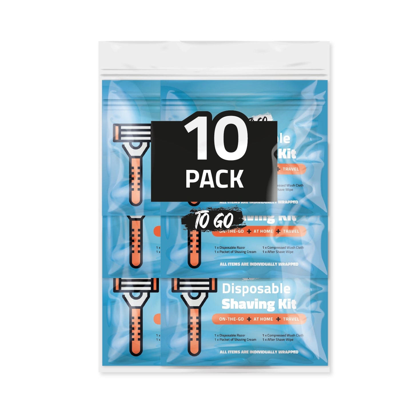 Ten Blue Shaving Kits packaging with razor graphic and travel-friendly design