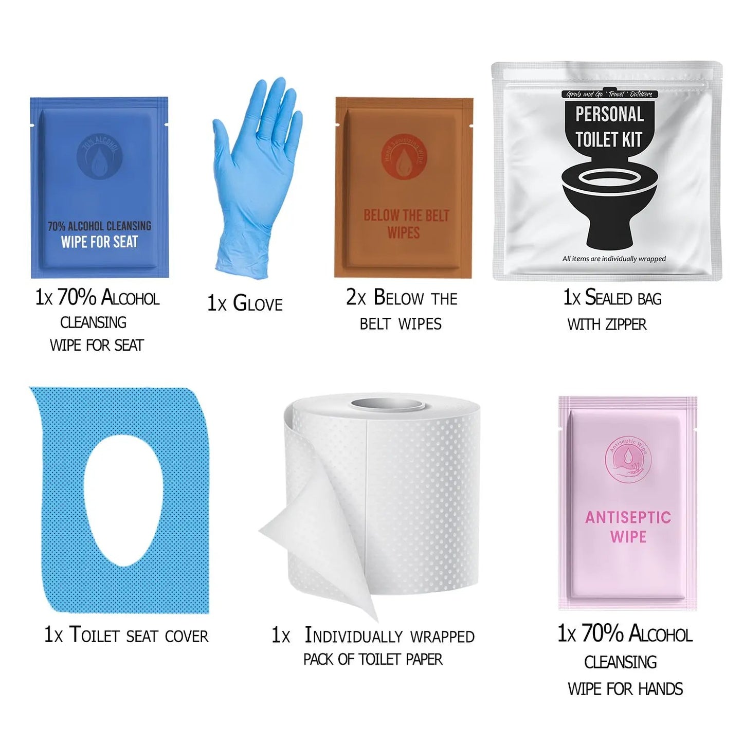 Contents of the White and Black Toilet Kit including gloves, wipes, toilet seat cover, and individually wrapped toilet paper – all neatly displayed for travel hygiene.