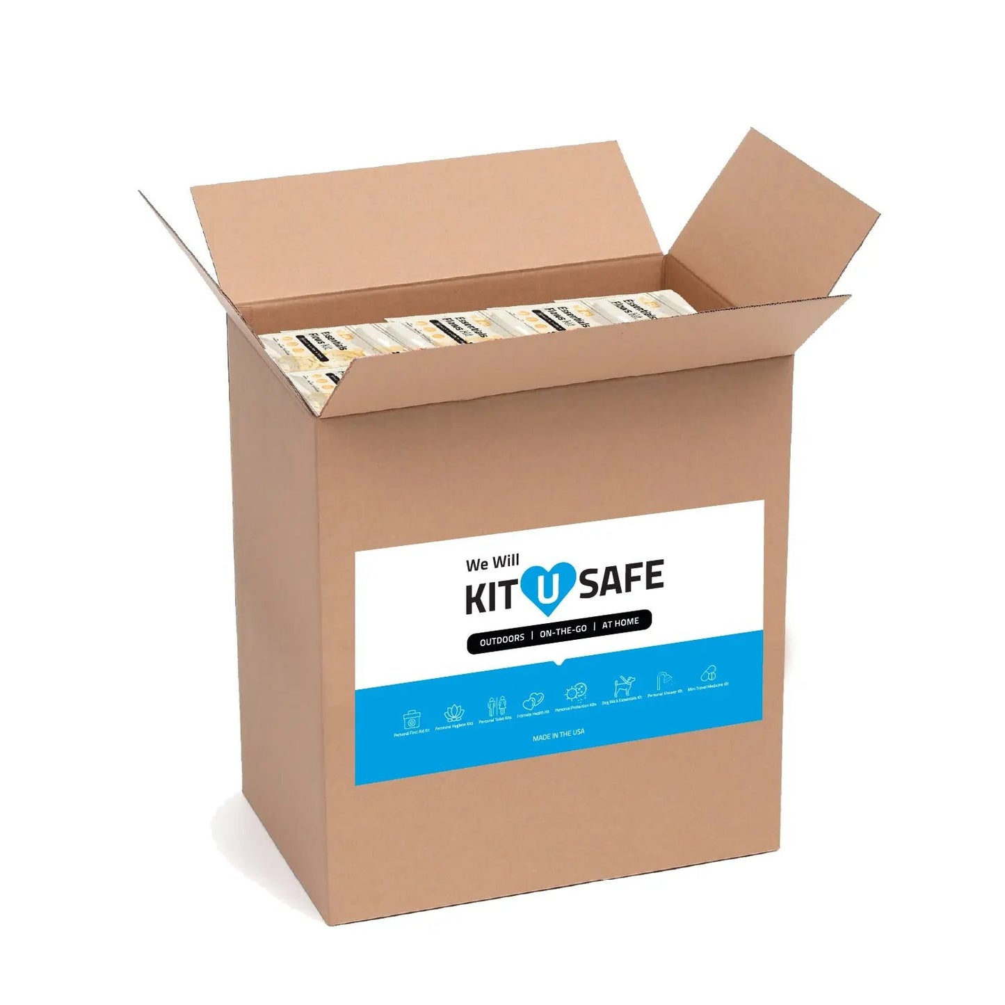 Case of 100 Orange Essential Flows Kits featuring feminine hygiene essentials for on-the-go, at home, or travel use.