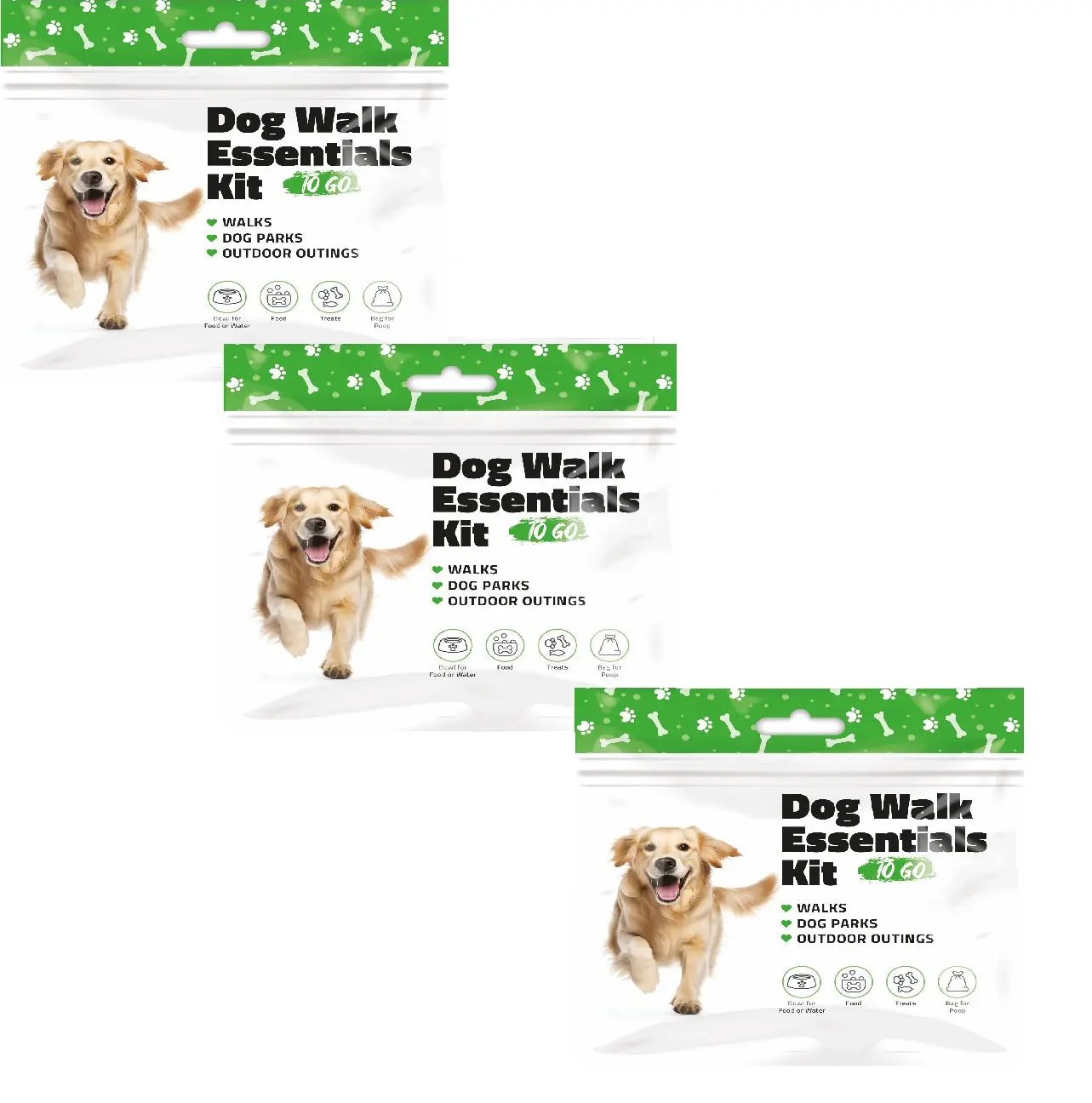Set of three Green Dog Walking Essentials Kits shown together — portable, ready-to-use packs for daily walks, dog parks, and outdoor adventures.