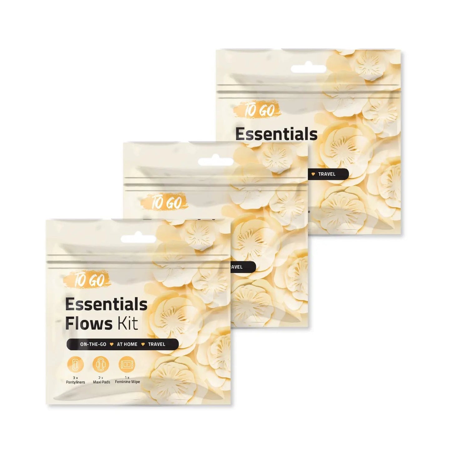 Three Orange Essential Flows Kits featuring feminine hygiene essentials for on-the-go, at home, or travel use.