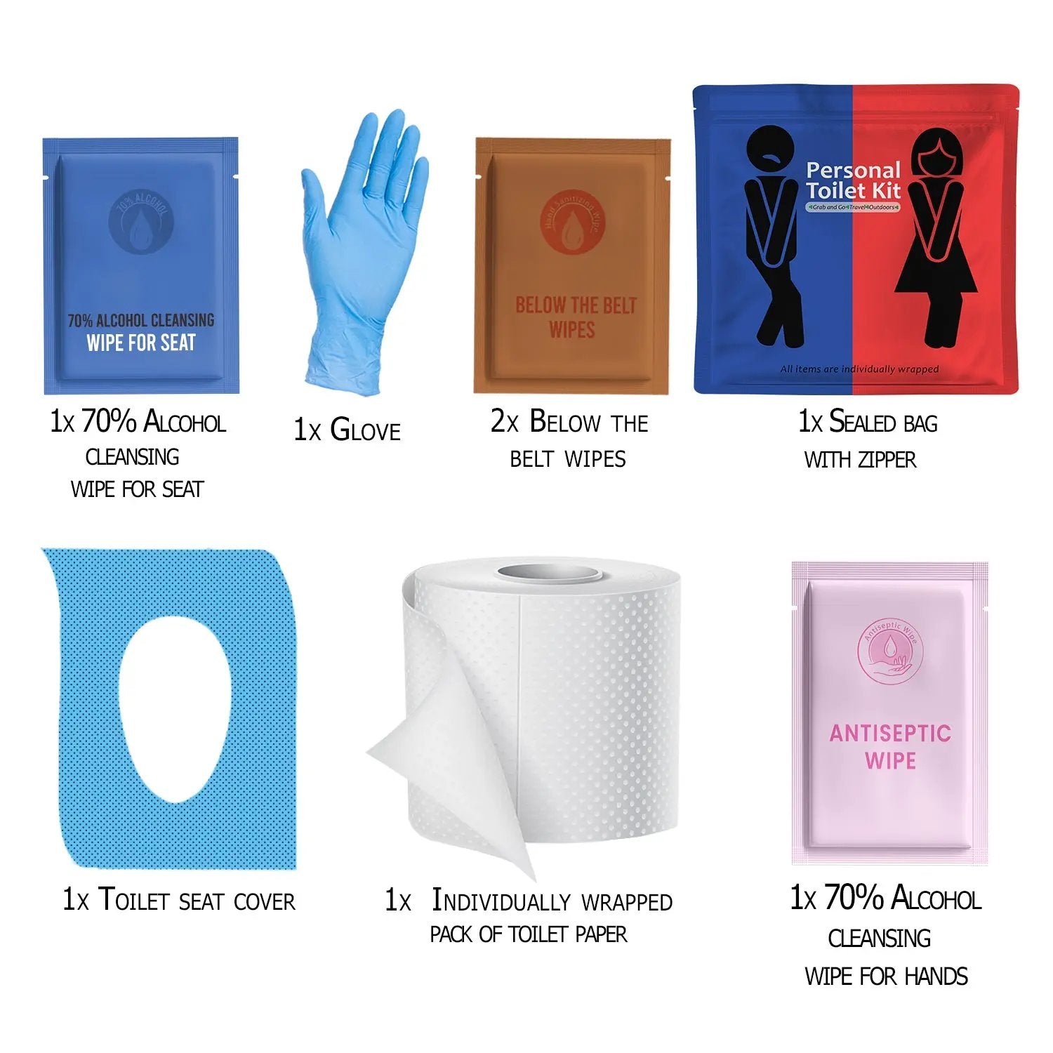 Contents of Red and Blue Toilet Kit including wipes, seat cover, and tissue pack