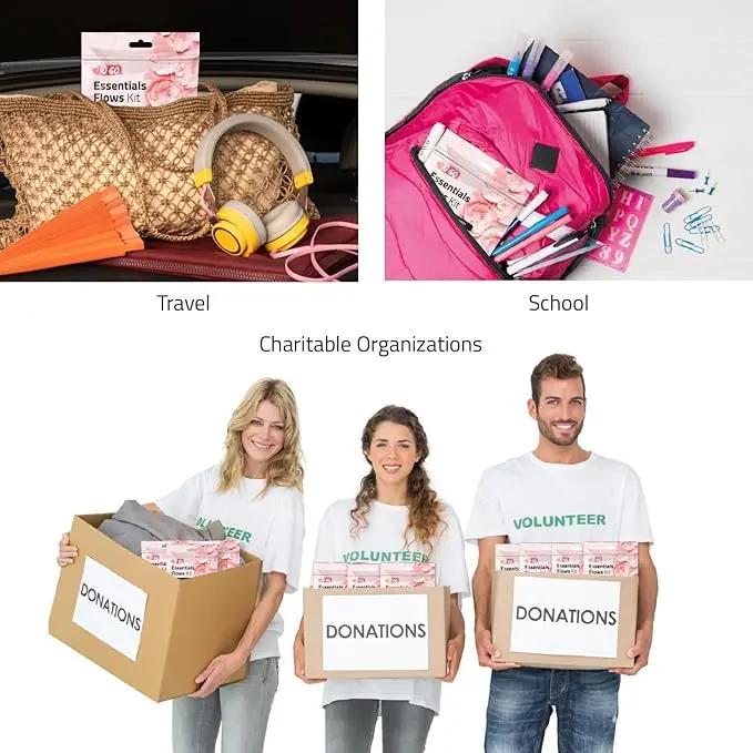 Purple Essential Flows Kit shown for travel, school use, and donation programs supporting women’s hygiene.
