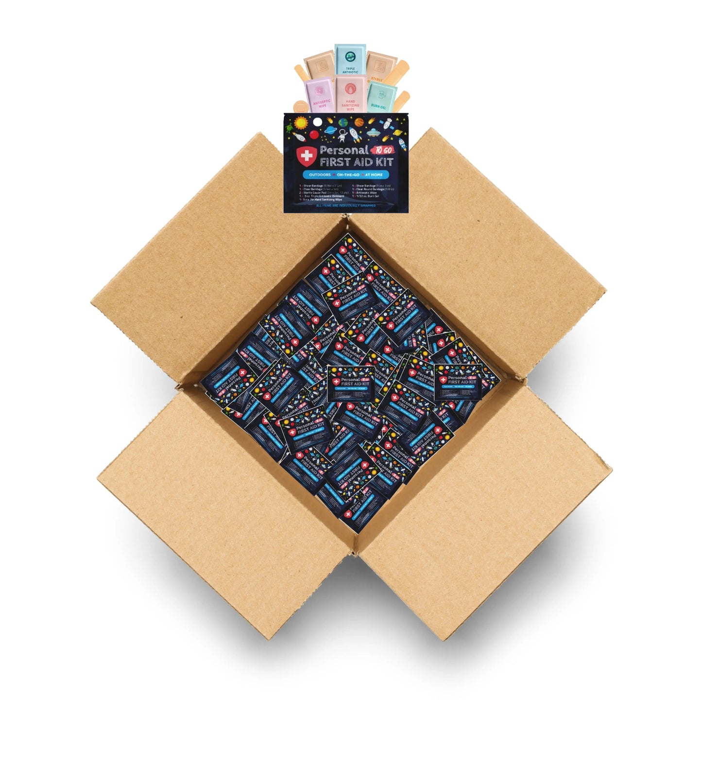 Case of Space-themed Personal First Aid Kit pouches featuring colorful planets, rockets, and astronauts on the packaging, designed for on-the-go, outdoor, and home use.