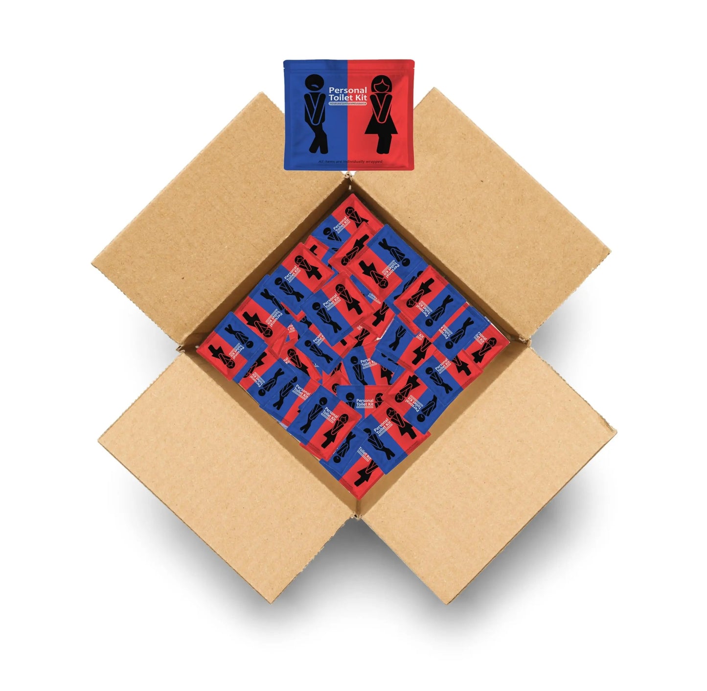 Case of Red and Blue Toilet Kits with travel hygiene essentials in resealable bag