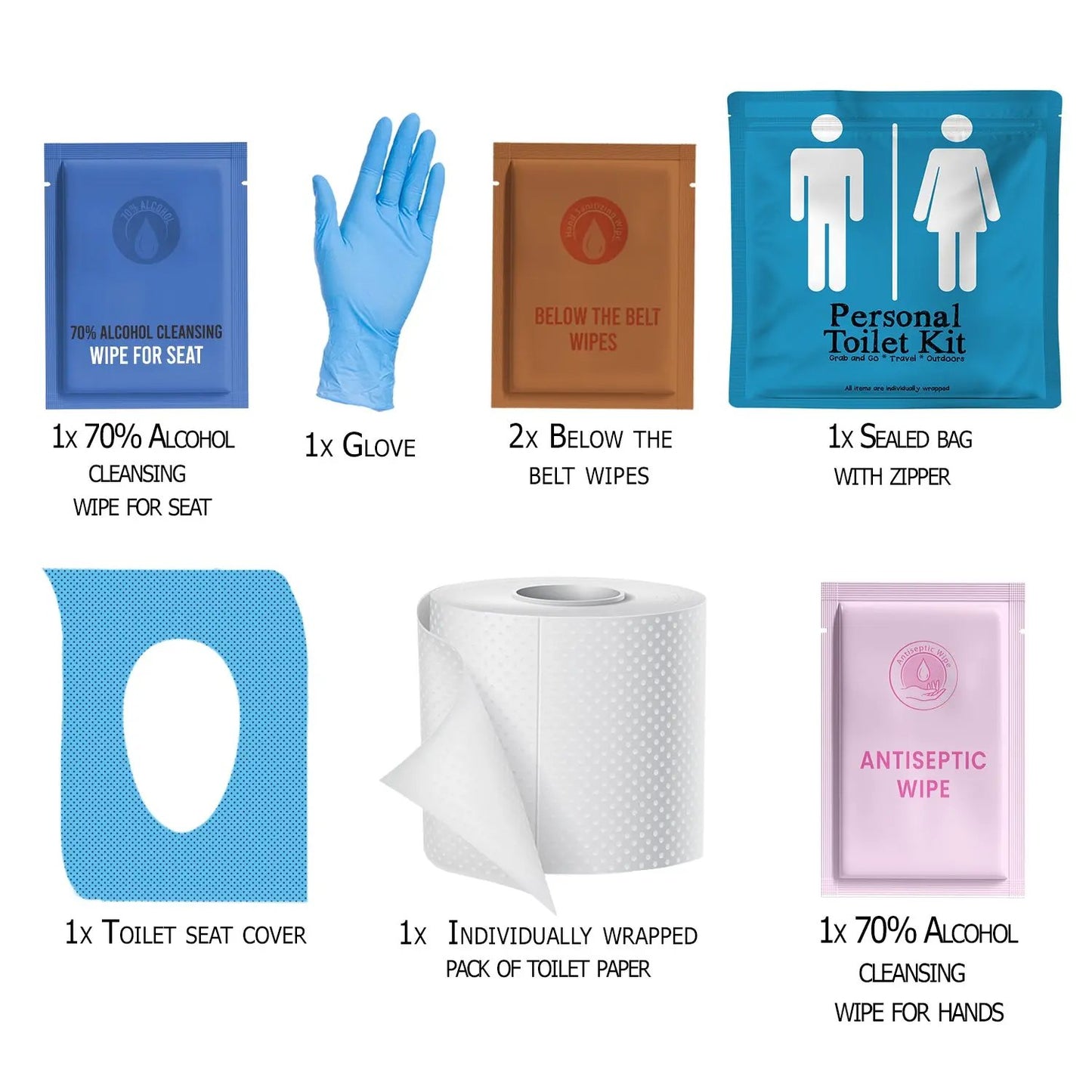 Contents of the Light Blue Toilet Kit including gloves, wipes, toilet seat cover, and individually wrapped toilet paper – all neatly displayed for travel hygiene.