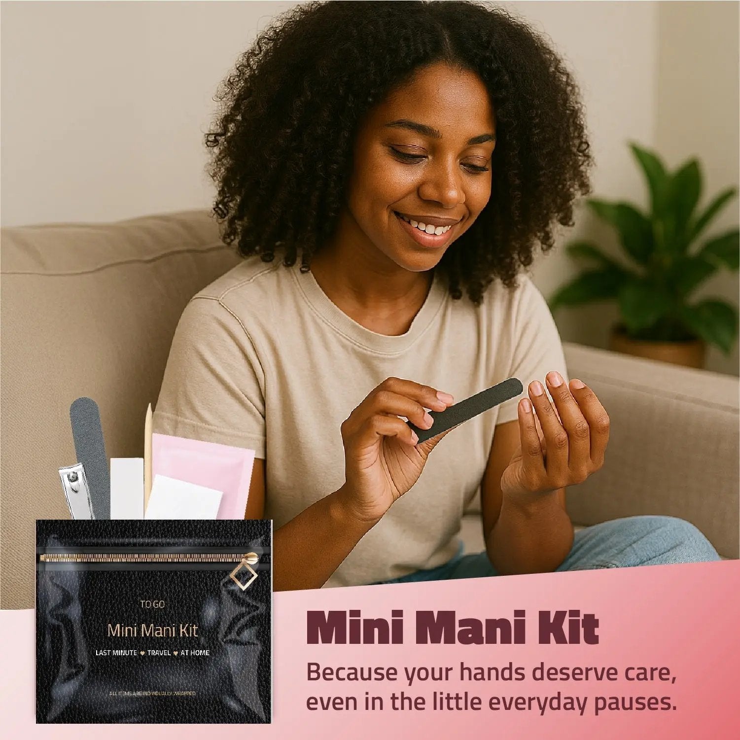 Woman filing her nails at home using the Black Mini Manicure Kit — sleek, portable grooming for simple, elegant nail care anytime.