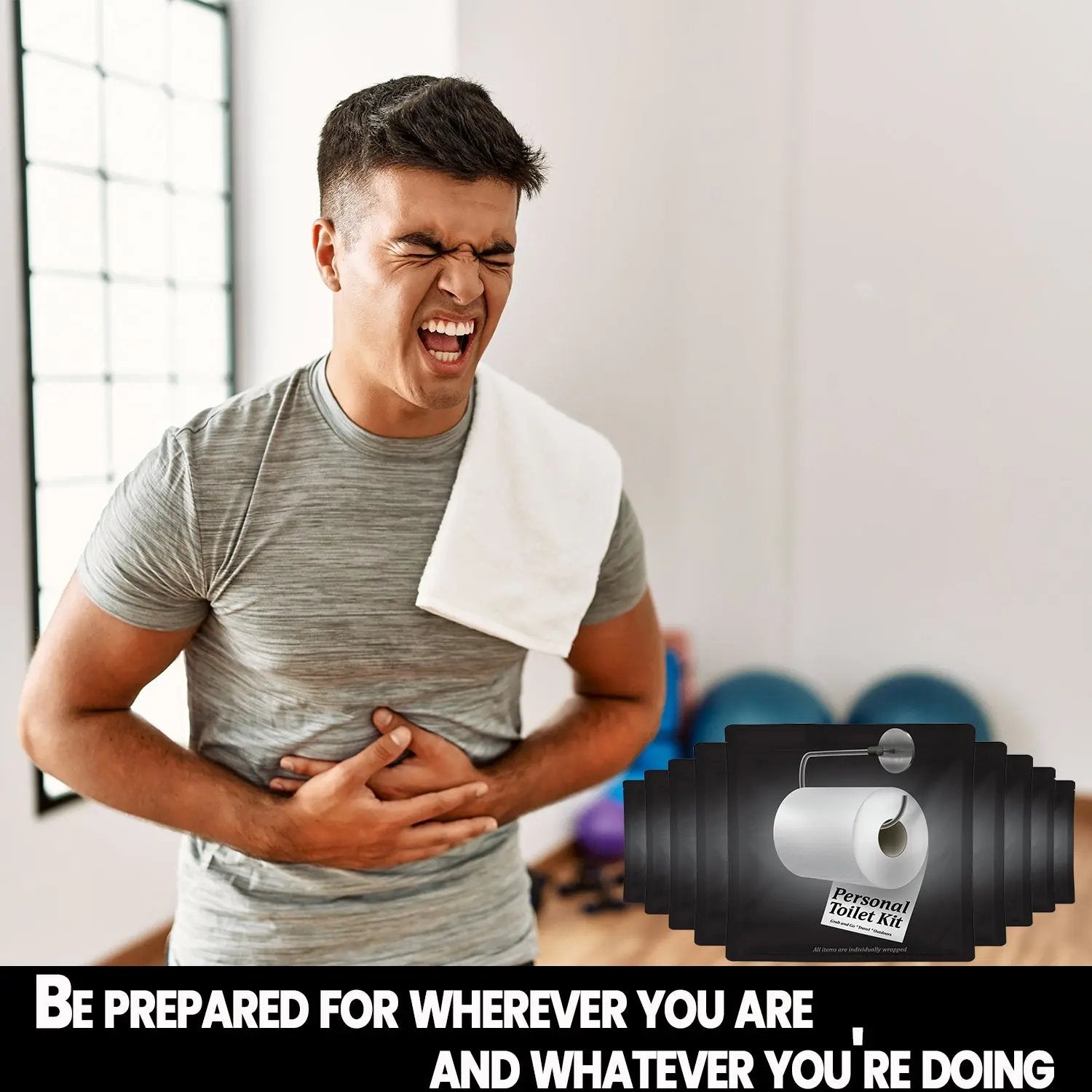 Man experiencing stomach discomfort with a row of Black and White Toilet Kits beside him, emphasizing being prepared for any bathroom emergency.