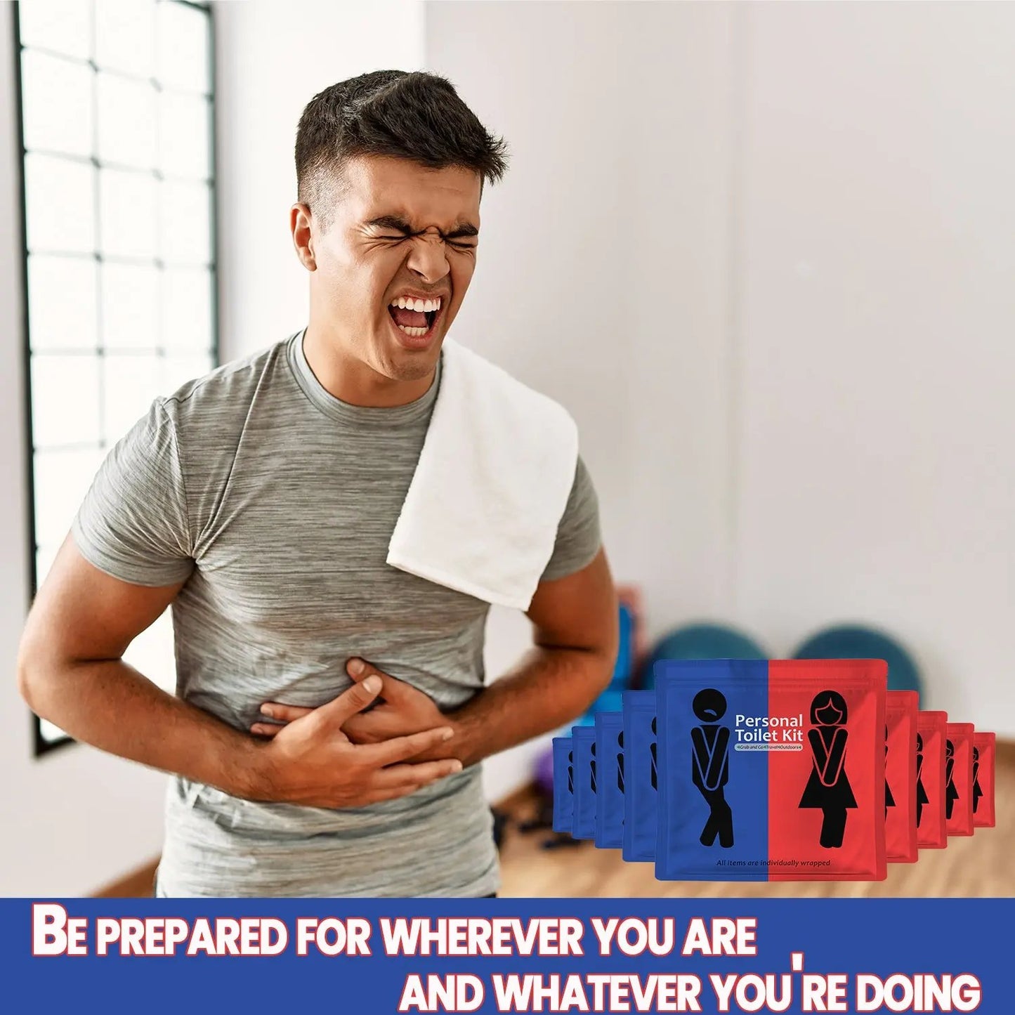 Man at gym feeling discomfort and carrying Red and Blue Toilet Kit for restroom preparedness