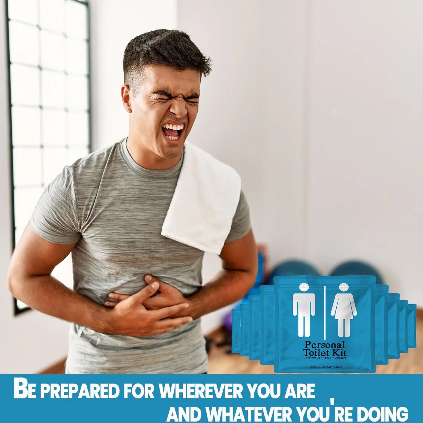 Man experiencing stomach discomfort with a row of Light Blue Toilet Kits beside him, emphasizing being prepared for any bathroom emergency.