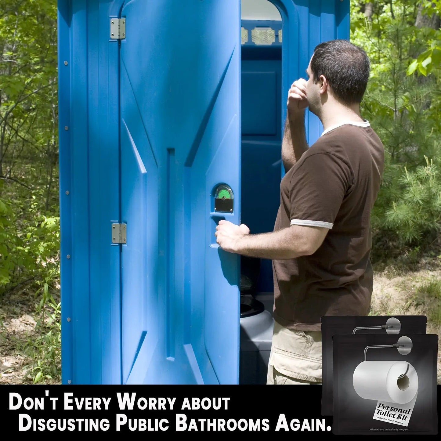 Man hesitating to enter a portable restroom, highlighting the importance of carrying the Black and White Toilet Kit for a clean experience.