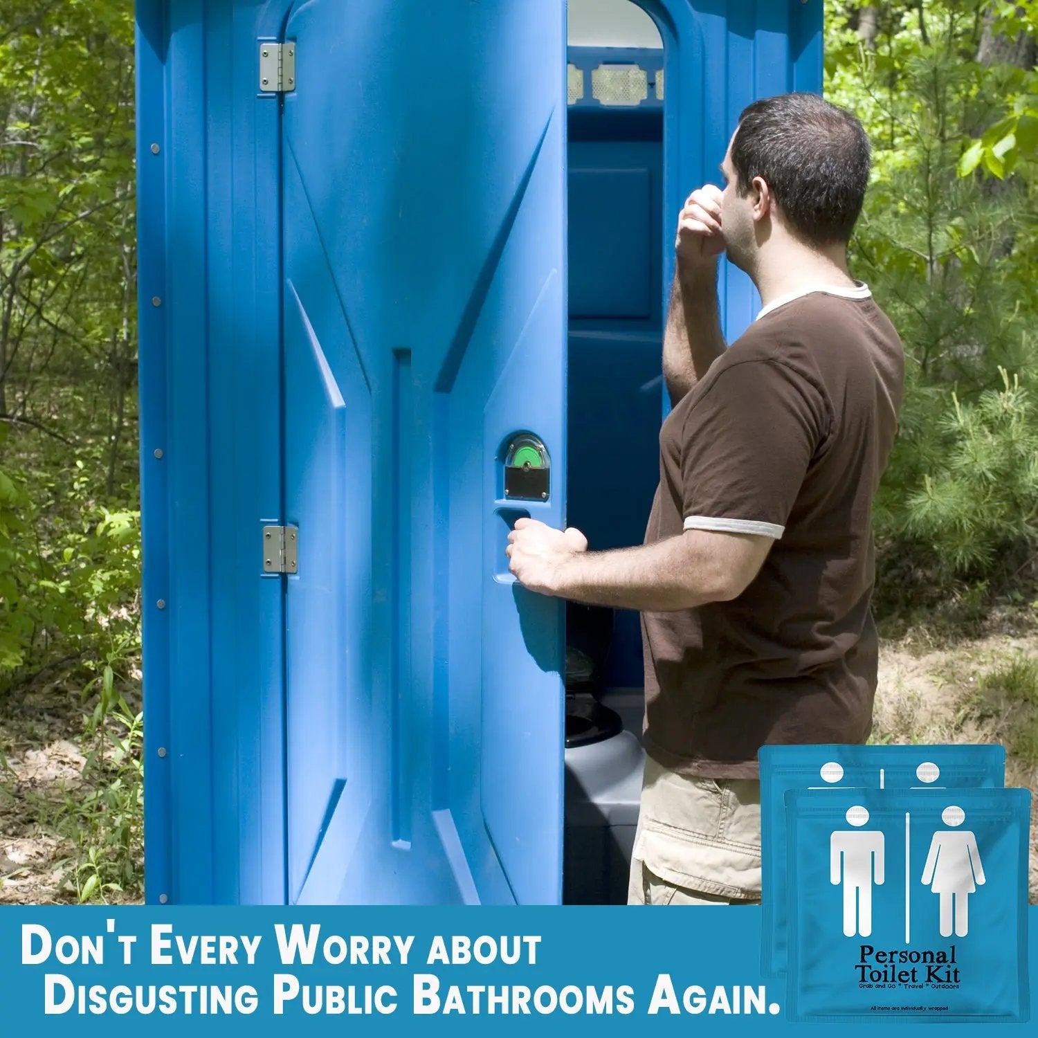 “Man hesitating to enter a portable restroom, highlighting the importance of carrying the Light Blue Toilet Kit for a clean experience.