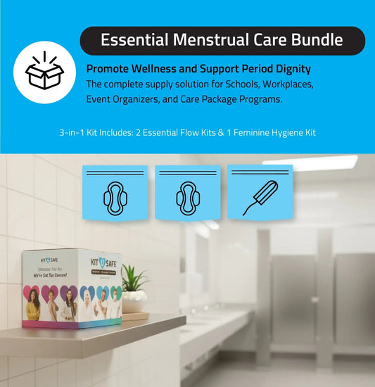 Promotional graphic for Kit U Safe Essential Menstrual Care Bundle. The design includes a blue header with text promoting wellness and period dignity, highlighting it as a complete supply solution for schools, workplaces, event organizers, and care package programs. Below are icons of menstrual pads and a tampon representing kit contents. At the bottom, a product box labeled Kit U Safe is placed on a counter in a clean restroom with stalls and sinks in the background.