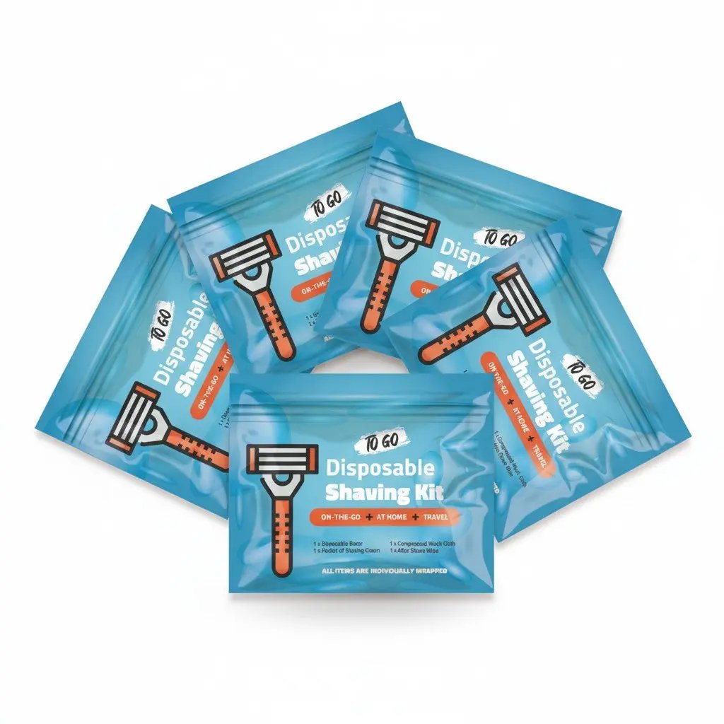 Five Blue Shaving Kits packaging with razor graphic and travel-friendly design