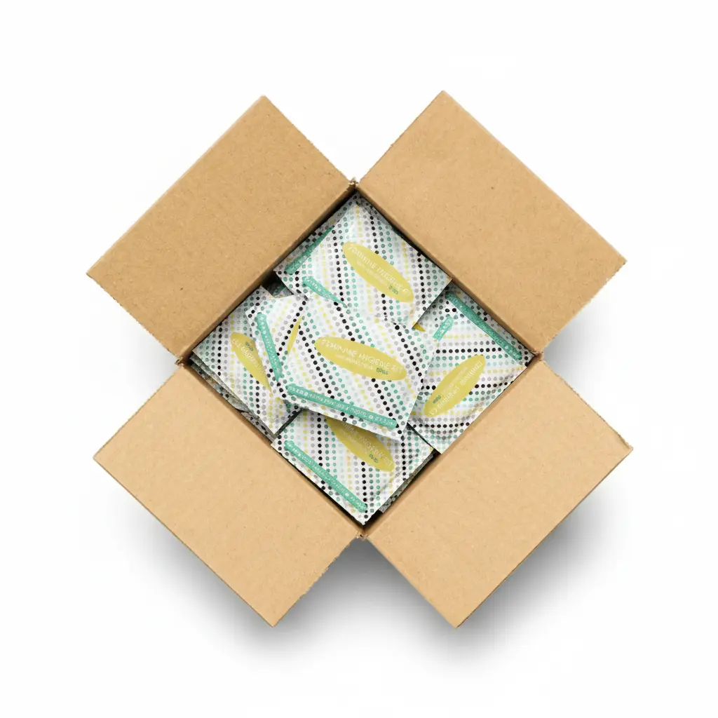 Case of Menstrual Disc Kit packages with bold purple checkered design labeled Feminine Hygiene Kit with Menstrual Disc.