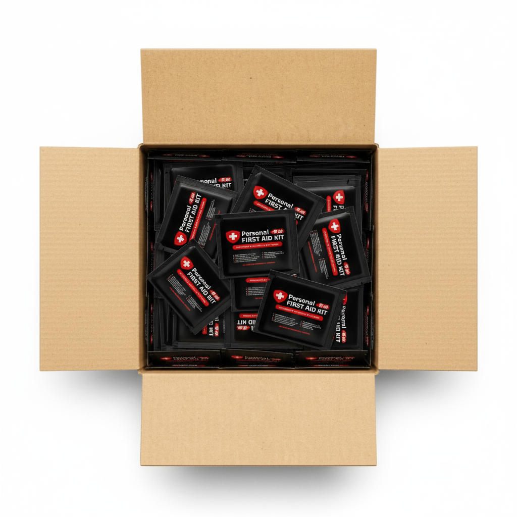 Case of Black Mini First Aid Kits with essential bandages, wipes, and ointments in a resealable black travel pouch.