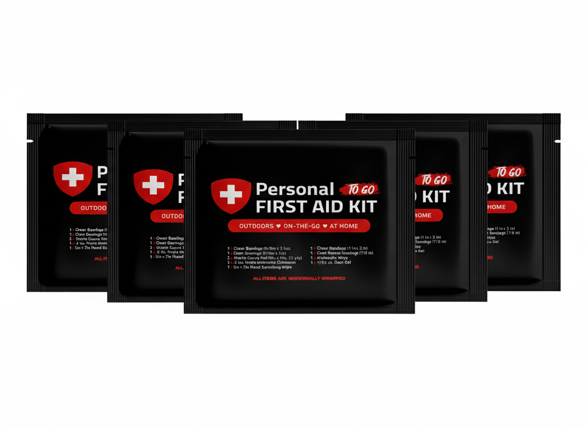 Five Ten Black Mini First Aid Kits with essential bandages, wipes, and ointments in a resealable black travel pouch.