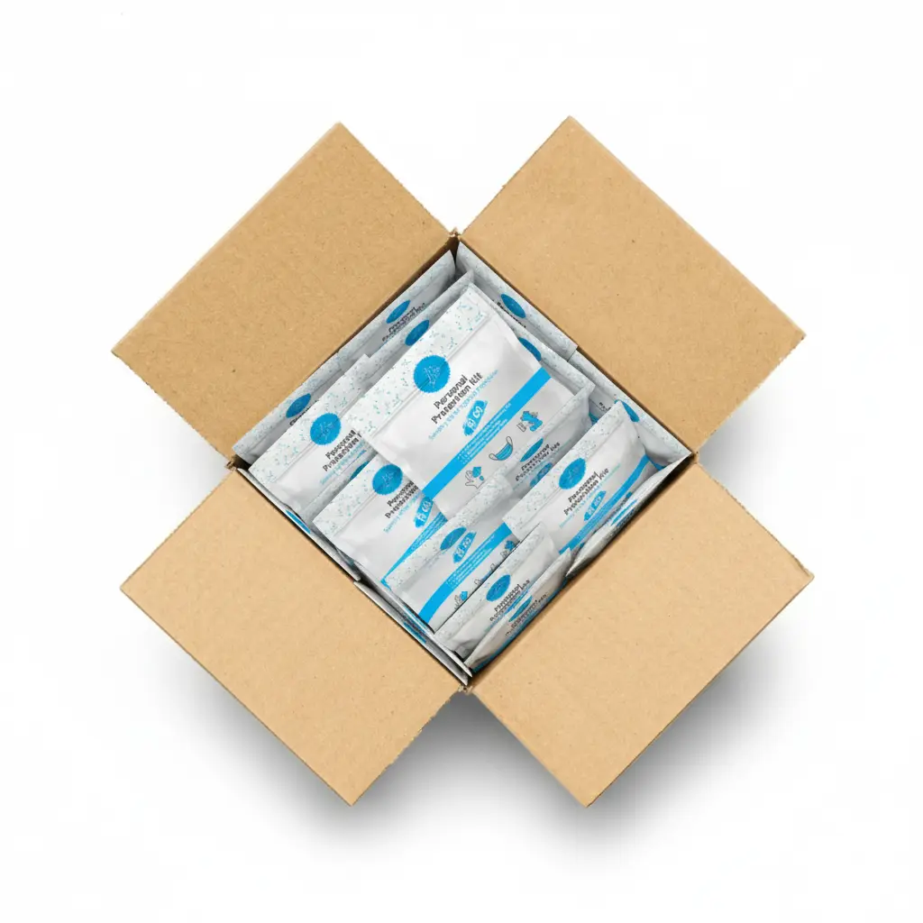 Case of PPE Kits with face mask, hand sanitizer, and alcohol wipes in resealable plastic bag