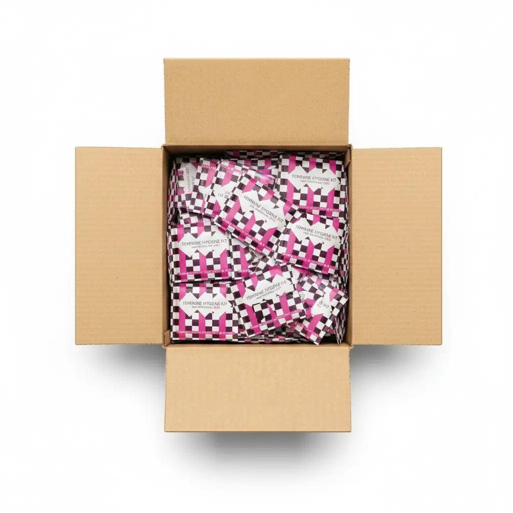 Case of Menstrual Disc Kits with bold purple checkered design labeled Feminine Hygiene Kit with Menstrual Disc.