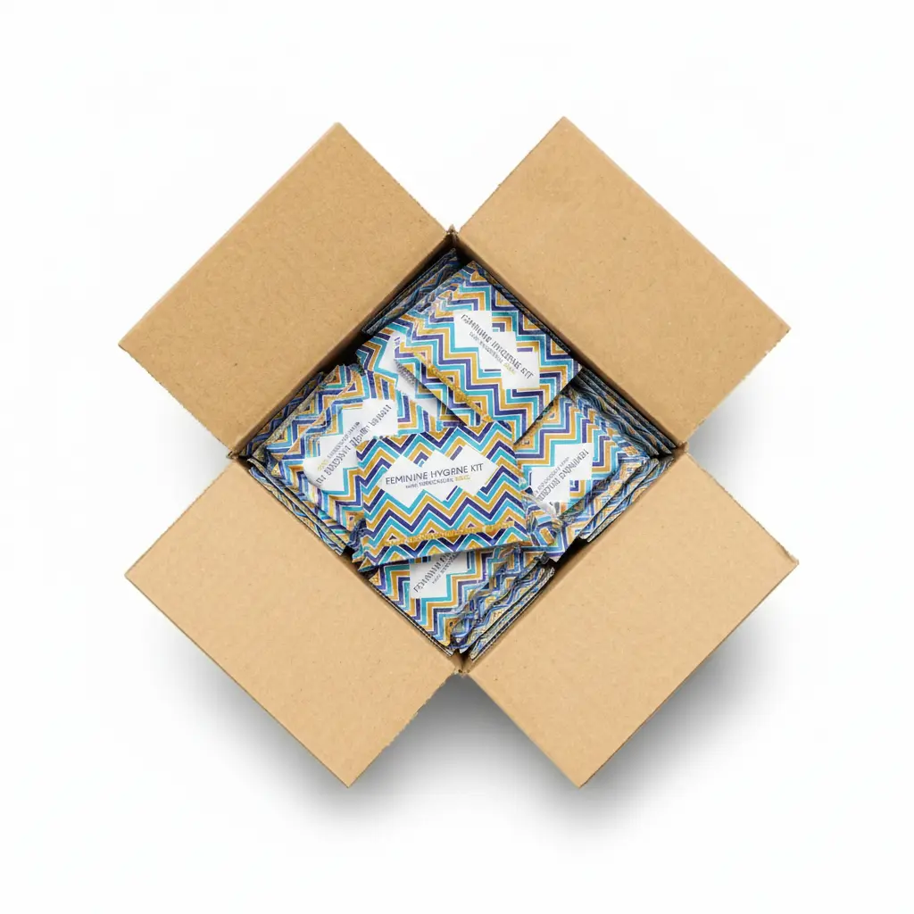 Case Menstrual Disc Kit packages with bold purple checkered design labeled Feminine Hygiene Kit with Menstrual Disc.