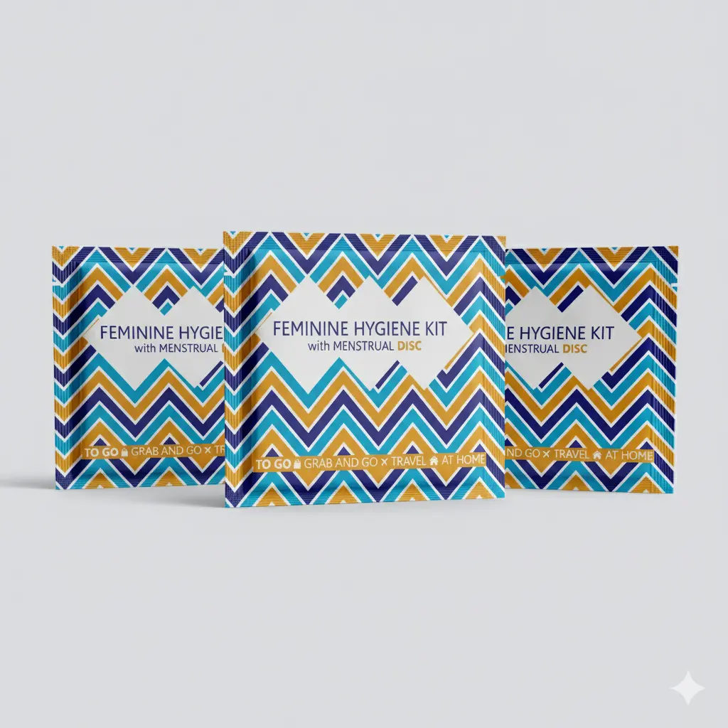 Three Menstrual Disc Kit packages with bold purple checkered design labeled Feminine Hygiene Kit with Menstrual Disc.