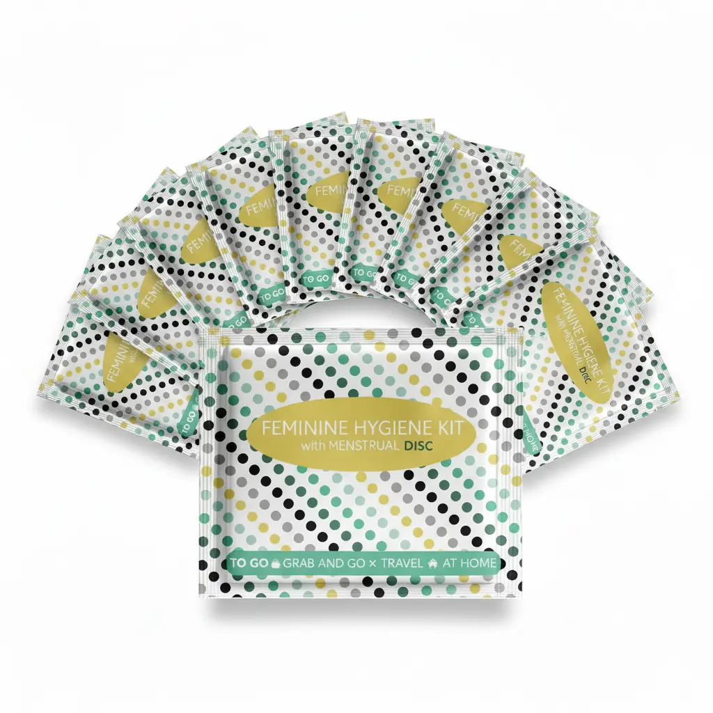 Ten Menstrual Disc Kit packages with bold purple checkered design labeled Feminine Hygiene Kit with Menstrual Disc.