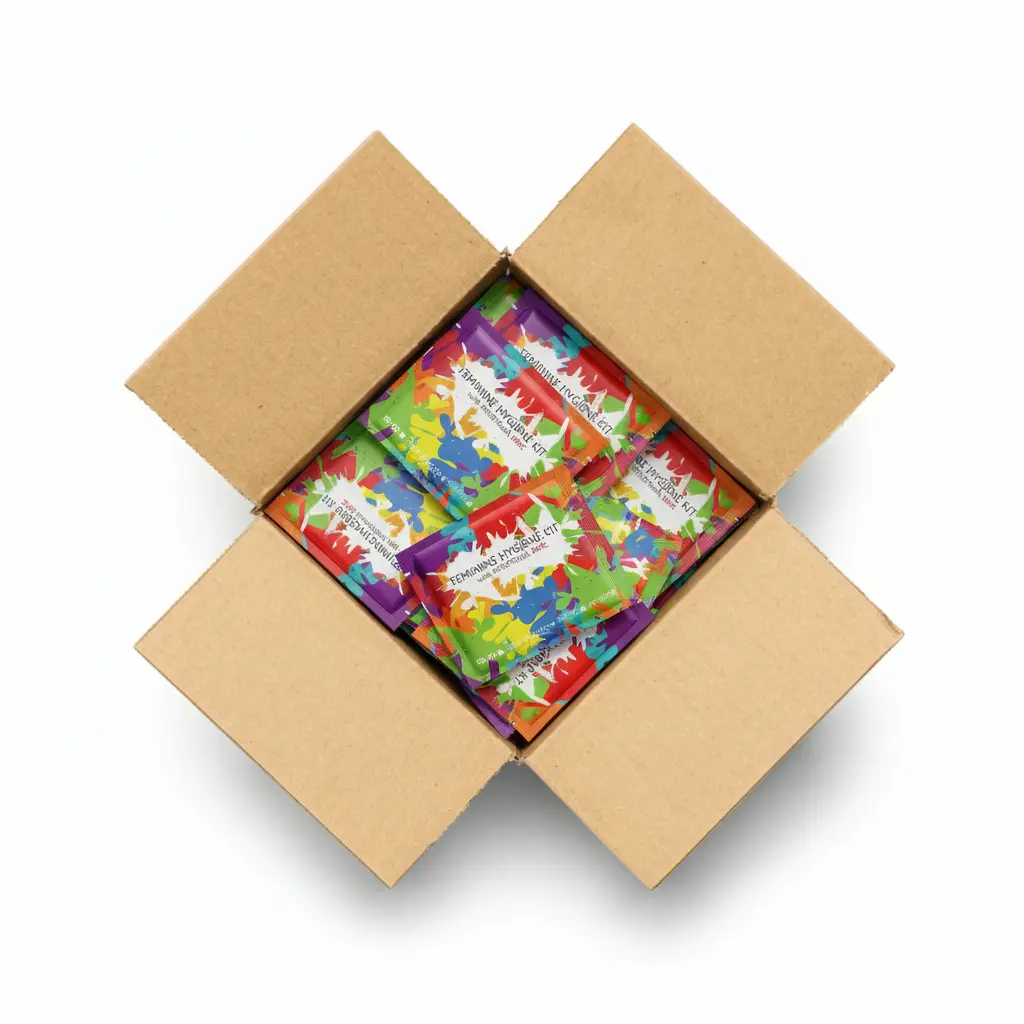 Case of Menstrual Disc Kit packages with bold purple checkered design labeled Feminine Hygiene Kit with Menstrual Disc.