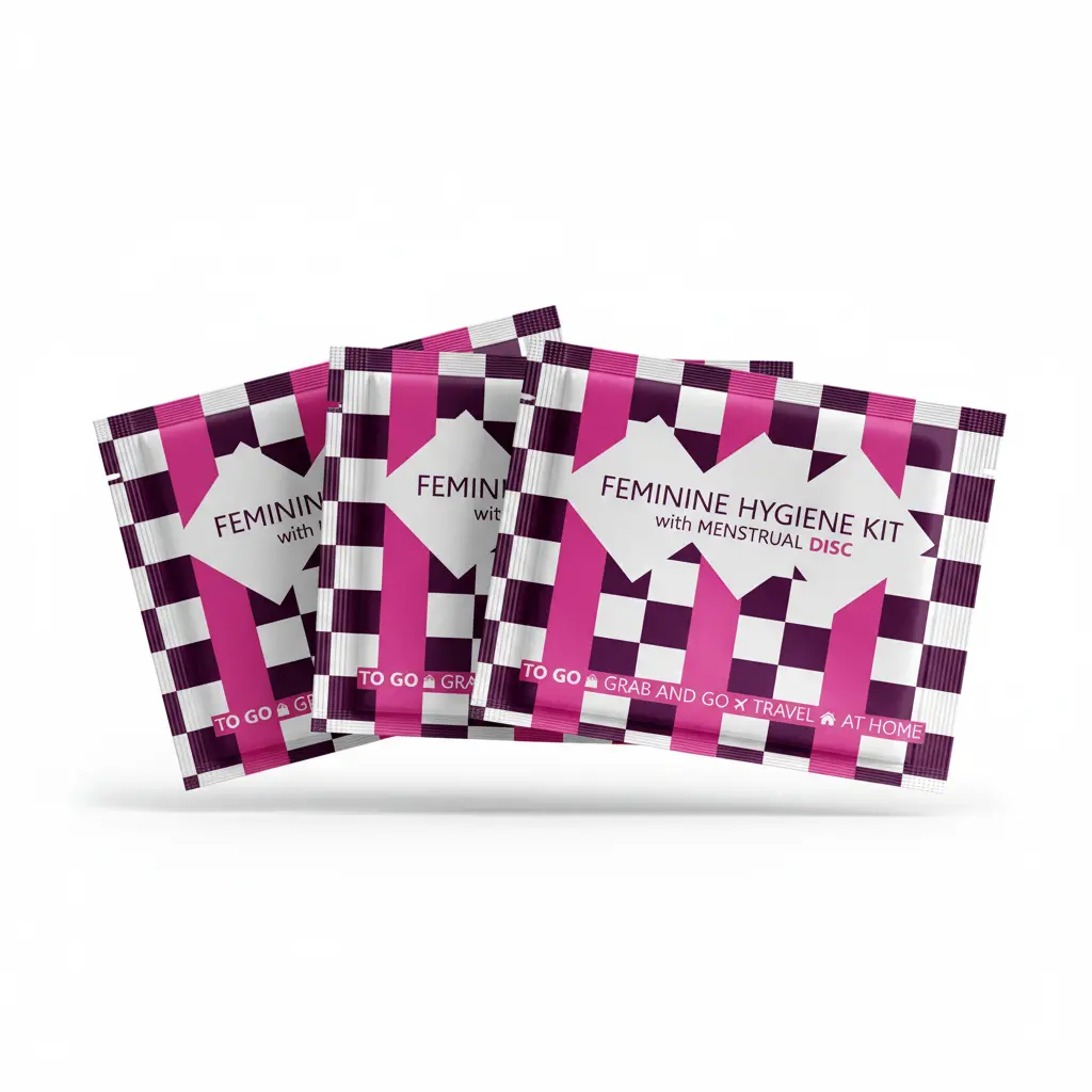Three Menstrual Disc Kit packages with bold purple checkered design labeled Feminine Hygiene Kit with Menstrual Disc.