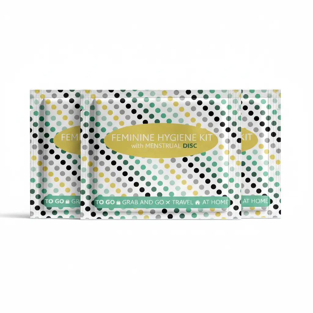 Three Menstrual Disc Kit packages with bold purple checkered design labeled Feminine Hygiene Kit with Menstrual Disc.