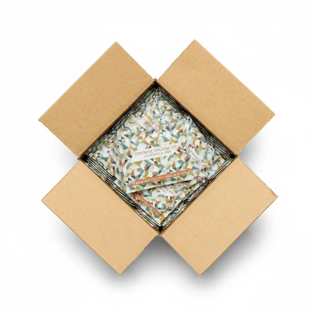 Case of Feminine Hygiene Kit with Menstrual Disc in an individual, grab and go travel packet.