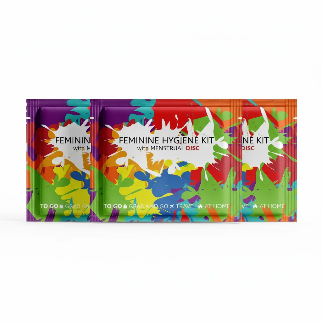 Three Menstrual Disc Kit packages with bold purple checkered design labeled Feminine Hygiene Kit with Menstrual Disc.