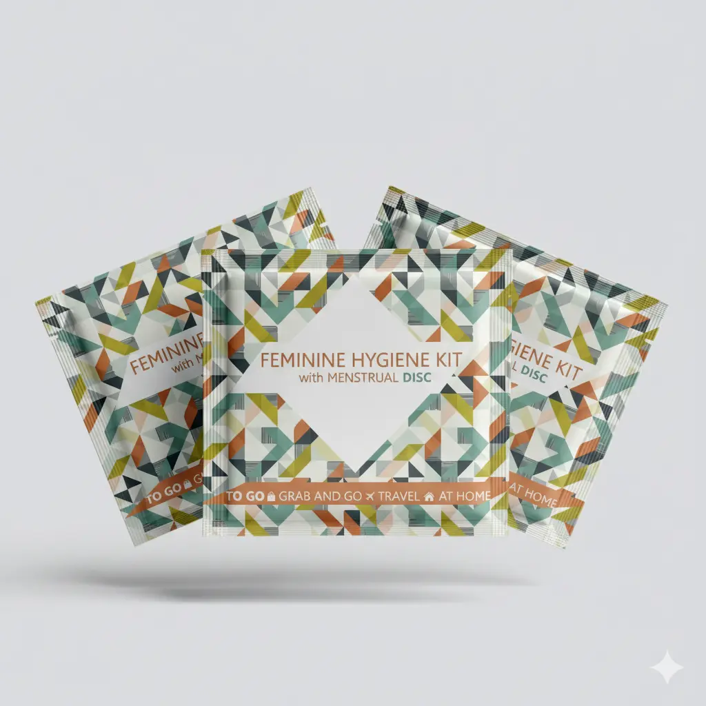 Three Feminine Hygiene Kits with Menstrual Disc in an individual, grab and go travel packet.