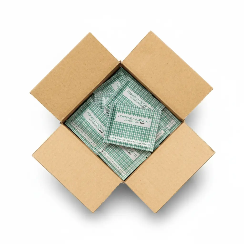 Case of Menstrual Disc Kit packages with bold purple checkered design labeled Feminine Hygiene Kit with Menstrual Disc.