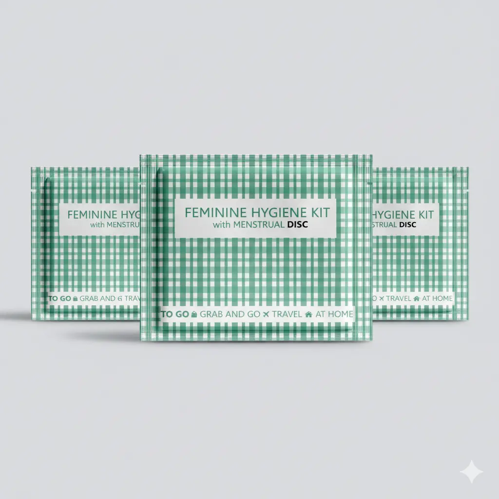 Three Menstrual Disc Kit packages with bold purple checkered design labeled Feminine Hygiene Kit with Menstrual Disc.