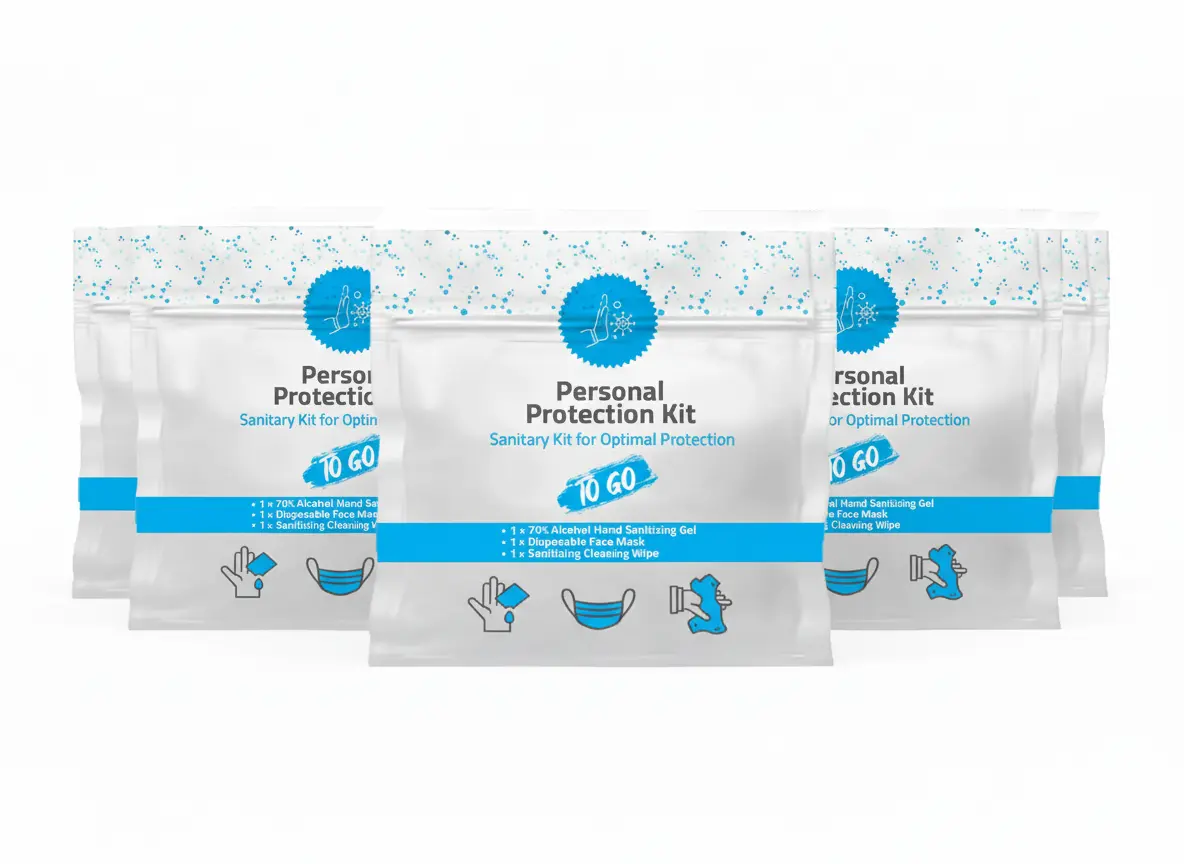 Five PPE Kits with face mask, hand sanitizer, and alcohol wipes in resealable plastic bag