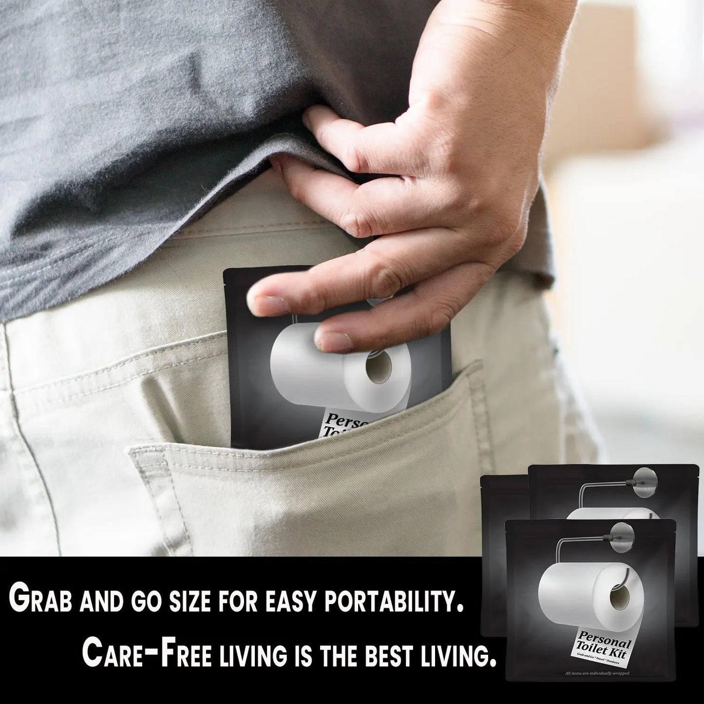 Person placing the compact Black and White Toilet Kit into their back pocket, showing its convenient grab-and-go travel size.