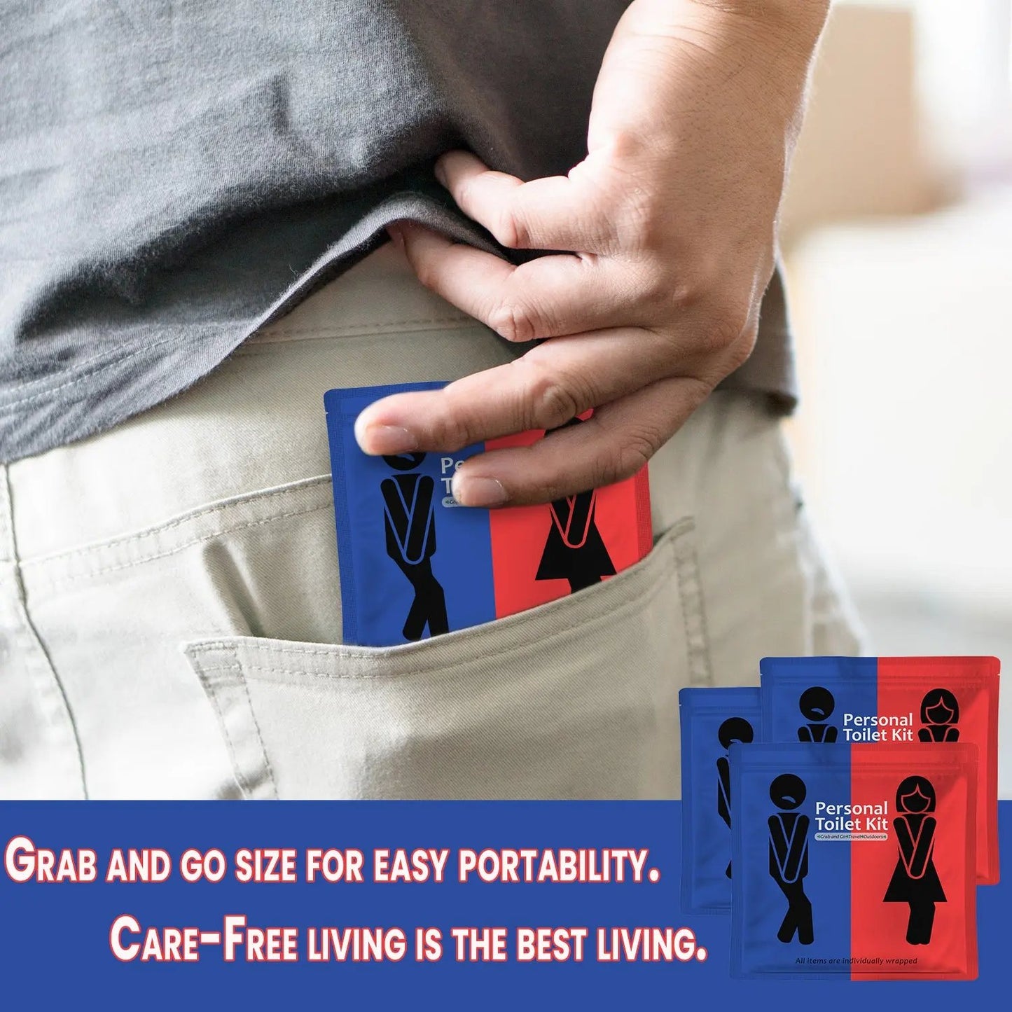 Man placing compact Toilet Kit into back pocket for easy travel and portability