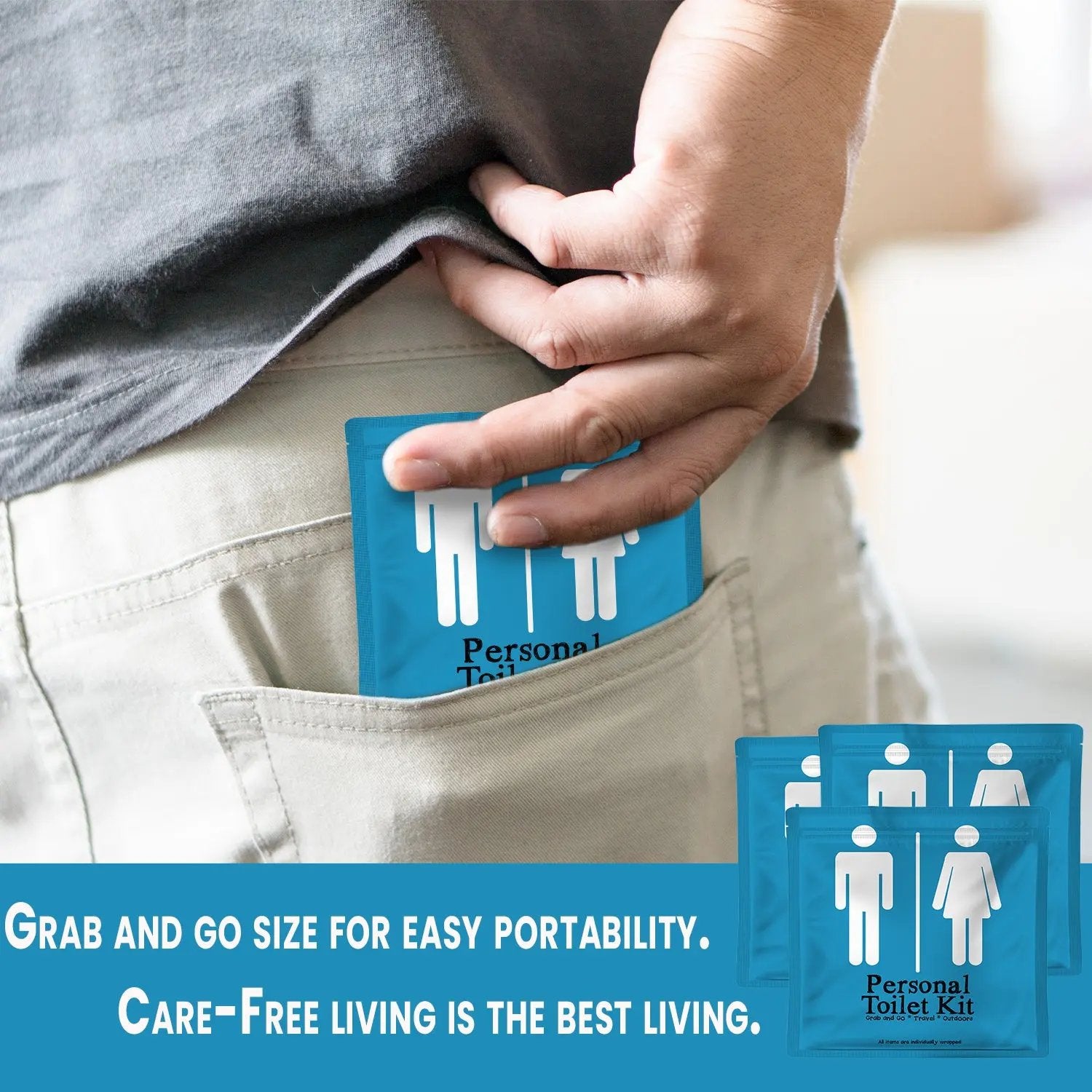 Person placing the compact Light Blue Toilet Kit into their back pocket, showing its convenient grab-and-go travel size.