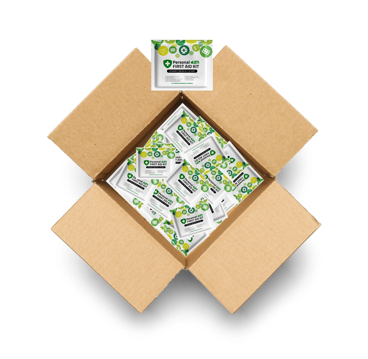 Case of Green Mini First Aid Kits labeled “Personal To Go” with icons of medical supplies, designed for outdoor, travel, and home use.