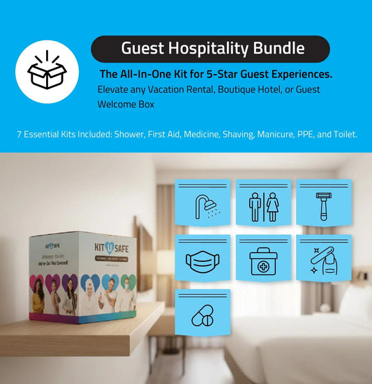 Kit U Safe Guest Hospitality Bundle promotional image. A branded box labeled ‘Kit U Safe’ sits on a hotel room shelf. The banner reads ‘Guest Hospitality Bundle – The All-In-One Kit for 5-Star Guest Experiences. Elevate any Vacation Rental, Boutique Hotel, or Guest Welcome Box.’ Icons illustrate the seven included kits: shower, personal hygiene, shaving, PPE mask, first aid, medicine, and toilet. The background shows a softly lit guest room.