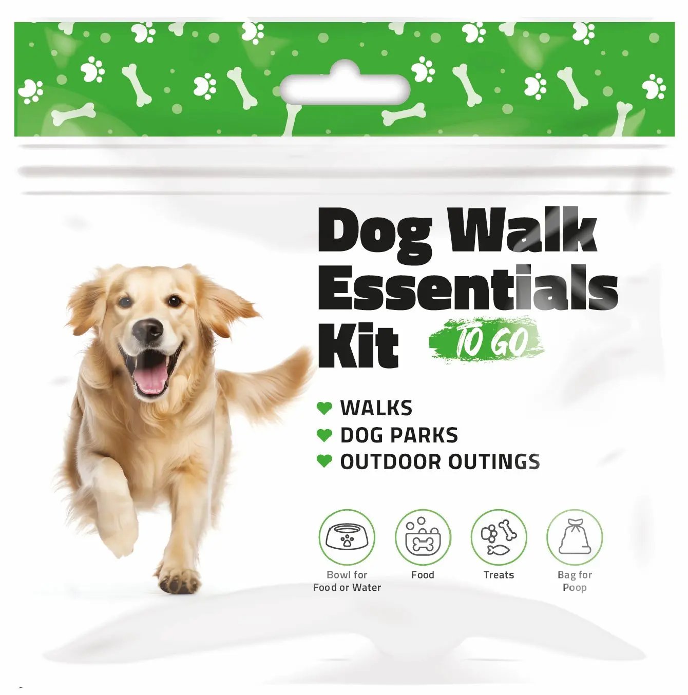 Front view of Green Dog Walking Essentials Kit To Go packaging — features a golden retriever, green paw print design, and icons for food, treats, bowl, and poop bag.