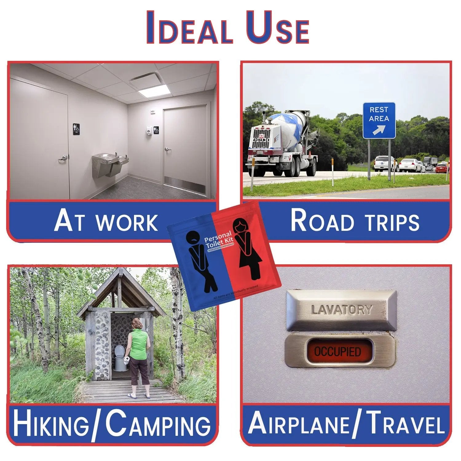 Red and Blue Toilet Kit for travel, camping, gym, and public restroom hygiene