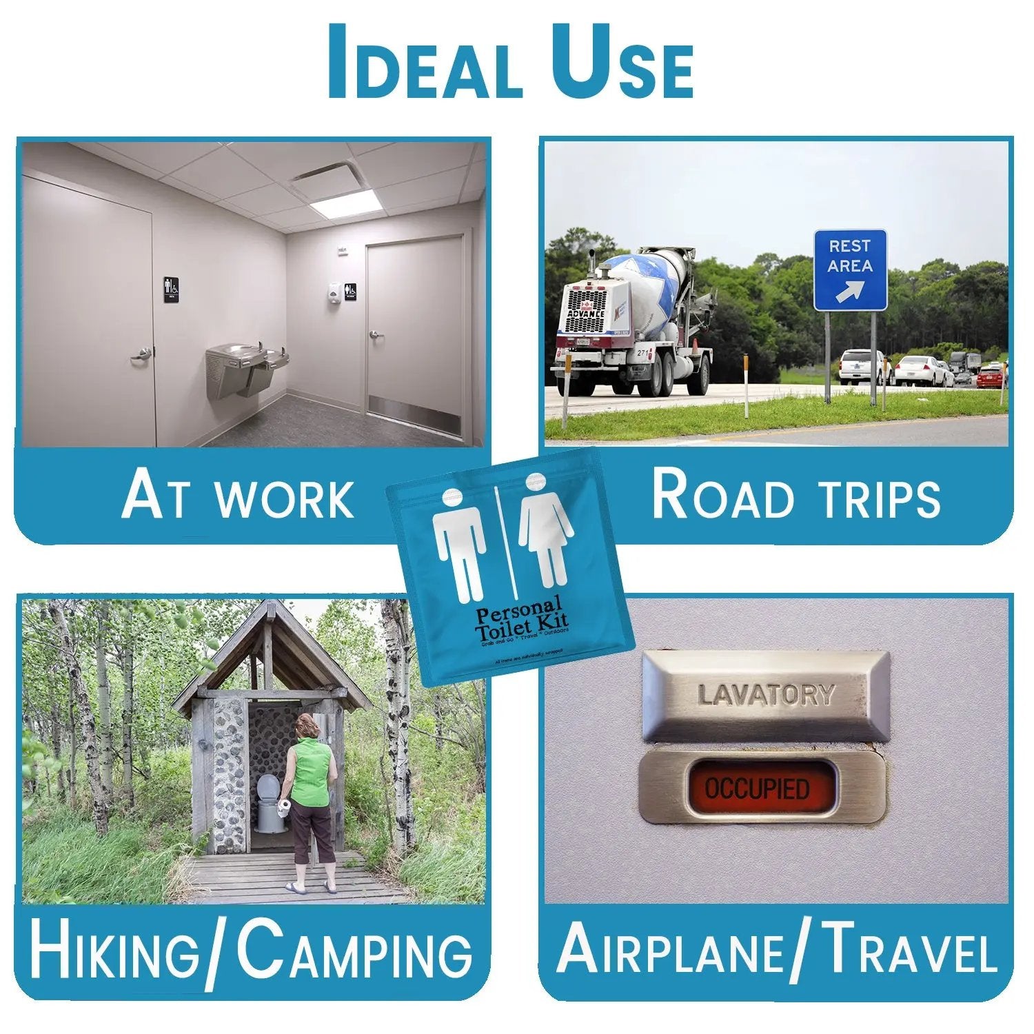 Collage showing ideal uses of the Light Blue Toilet Kit at work, on road trips, hiking, camping, and airplane travel for hygienic convenience anywhere.