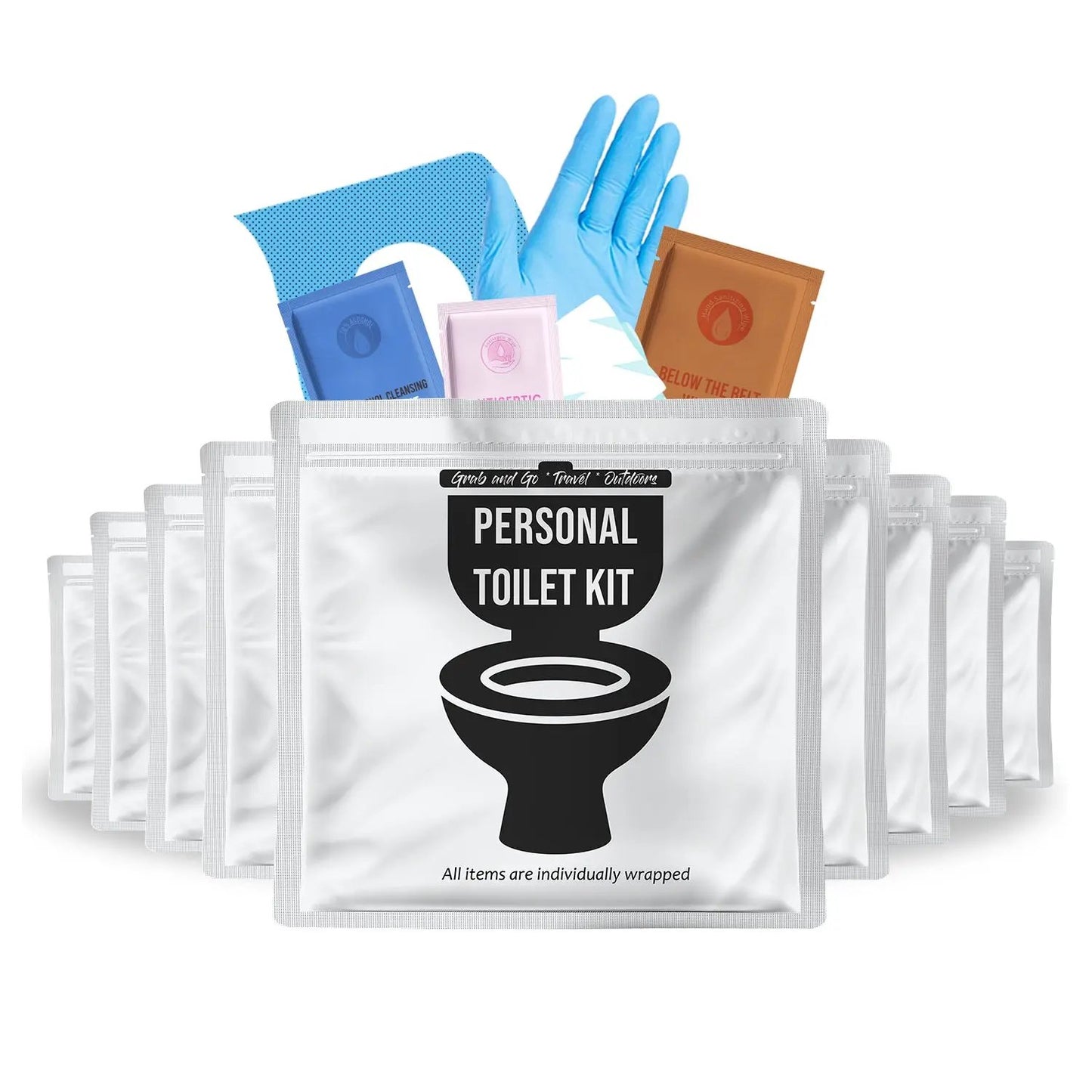 Ten White and black Personal Toilet Kits with modern minimalist design featuring a toilet icon and labeled ‘Grab and Go • Travel • Outdoors.’ Compact, resealable hygiene kit for clean restroom use anywhere.