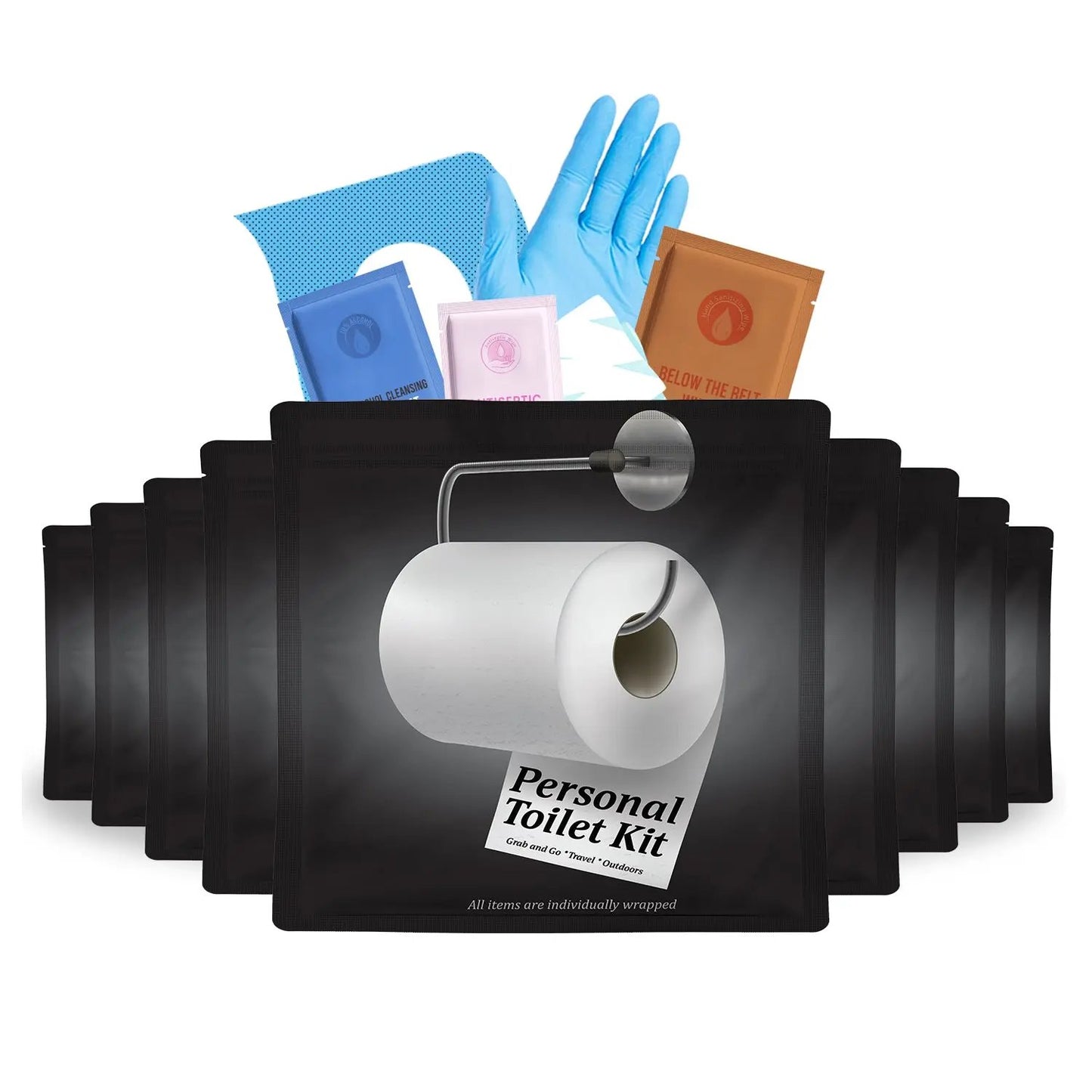 Ten Black and White Personal Toilet Kits with sleek modern design featuring a toilet paper roll graphic and labeled ‘Grab and Go • Travel • Outdoors.’ Compact, resealable hygiene kit for clean restroom use anywhere.