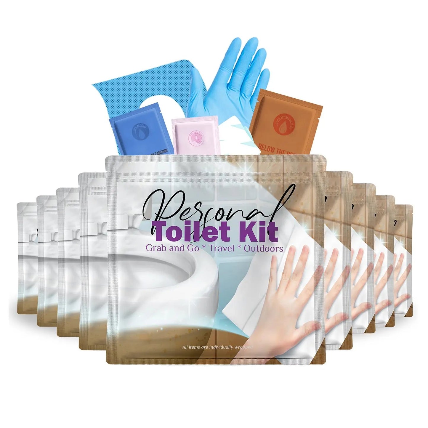 Ten Clean Wipe Toilet Kits in sleek packaging featuring a modern bathroom background and a hand reaching for a cleansing wipe – designed for travel, work, or outdoor restroom hygiene.