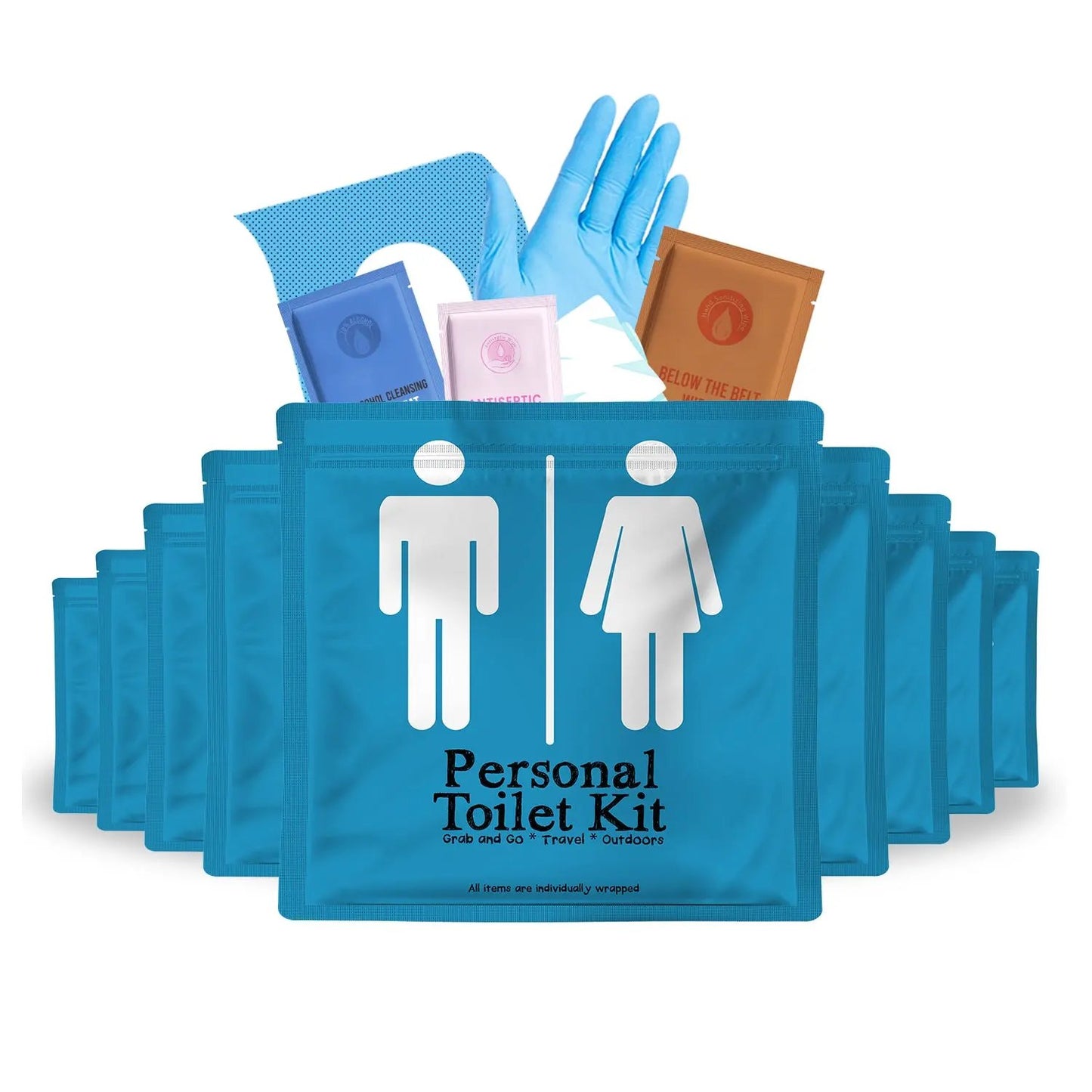 Ten Light Blue Toilet Kits in a resealable travel pouch labeled “Personal Toilet Kit” with male and female restroom icons, designed for hygiene and cleanliness on the go