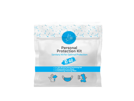 PPE Kit with face mask, hand sanitizer, and alcohol wipes in resealable plastic bag