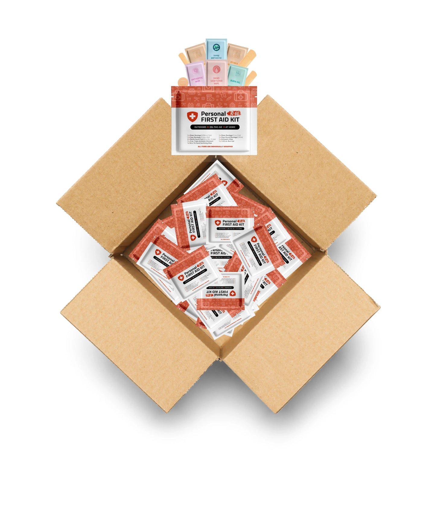 Case of Compact Orange Mini First Aid Kits with essential first aid supplies for on-the-go, outdoor, and home use.